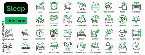 Sleep line icon set. Sleep icon set. Healthy sleep icon set. Night routine, well, pillow, alarm, insomnia, wellness vector symbols. professional sleep hygiene and relaxation graphics. 