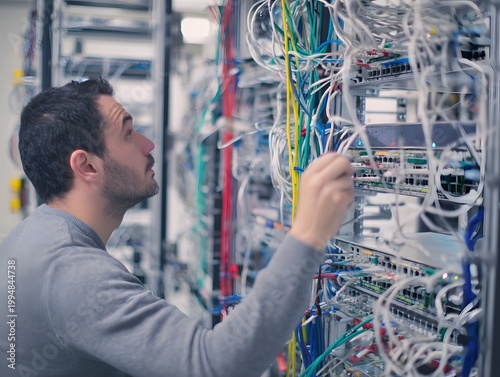 Network technician managing wires in telecommunication room