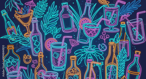 Colorful neon cocktail and tropical drink illustration pattern