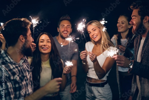 Friends Celebrate Together With Sparklers During a Night Gathering in the Bac...