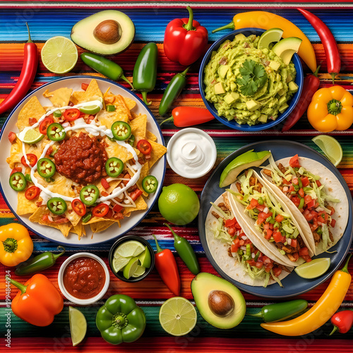 Vibrant overhead shot of mexican cuisine tacos guacamole and fresh ingredients