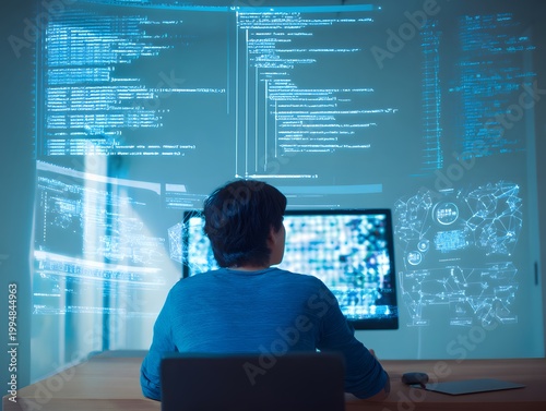 Developer analyzing big data code on large virtual screen