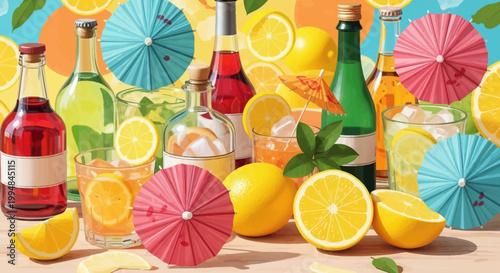 Colorful summer cocktails with umbrellas and lemons on a table