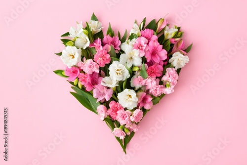 Bright Colorful Flowers Arranged in Heart Shape on Pink Background
