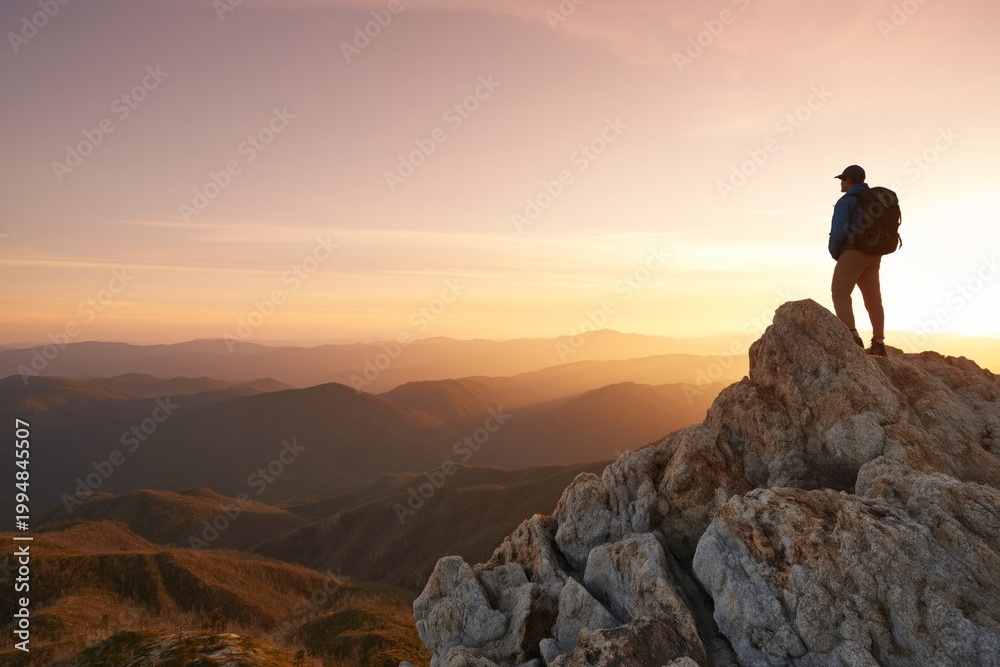 Fototapeta premium Hiker Stands on Mountain Peak Looking at Sunset Over Distant Hills and Valleys in Evening