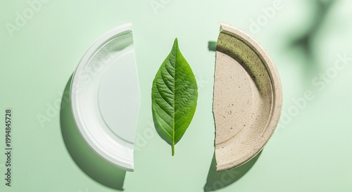 Plate halves with green leaf on pastel green background