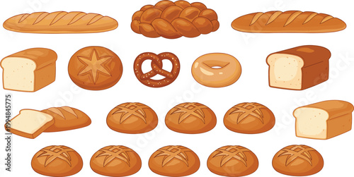 Vector illustration of assorted bread collection including baguettes, braided loaf, pretzel, bagel, sliced bread, and round loaves
