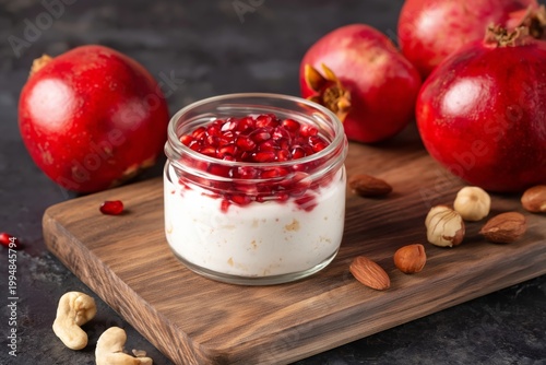 Delicious Yogurt With Pomegranate Seeds Beside Fresh Pomegranates and Nuts on...