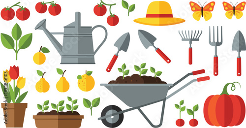 Gardening Tools and Plants Collection with Watering Can, Wheelbarrow, Fruits, Flowers, and Equipment for Agriculture Design, Home Garden, and Vector Illustration Set.