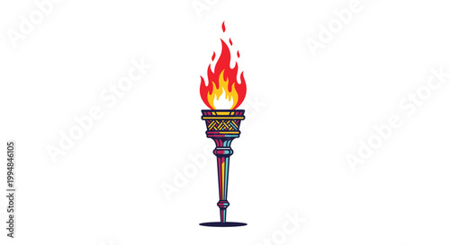 Decorative olympic torch with a bright red and yellow flame on a patterned handle for sports competition themes.