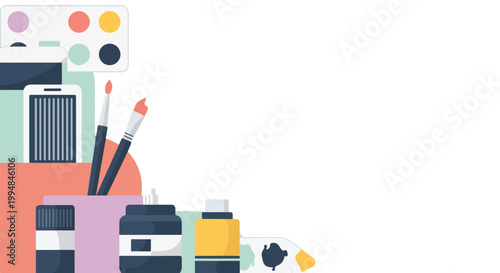 A flat vector illustration featuring various art supplies like paintbrushes, palettes, and paint jars clustered on a clean white background.