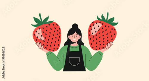 Smiling woman wearing a green shirt and apron holding two enormous strawberries on a light cream background illustration.