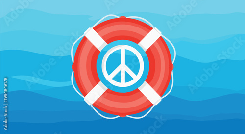 Red and white lifebuoy floating on wavy blue water with a white peace symbol in the center representing safety.