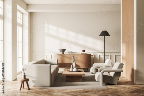 Canvastavla Bright minimalist interior with modern furniture in soft tones, in realistic sty