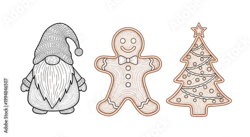 Detailed line art sketches of a christmas gnome, a gingerbread man, and a decorated christmas tree in a horizontal row.