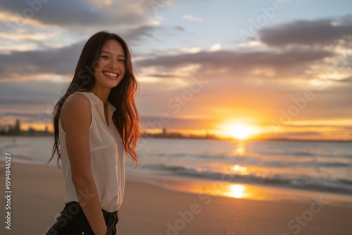 Woman Smiles at Sunset on the Beach, Golden Light Reflects on Water in a Sere...