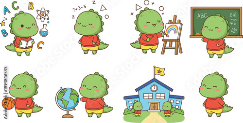 Vector illustration of cute cartoon dinosaurs in school activities including reading, math, painting, basketball, globe, and classroom scenes