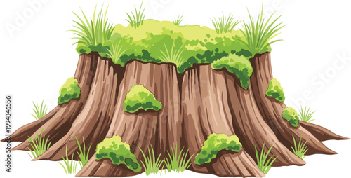 Tree Stump Illustration with Lush Moss and Grass for Nature, Woodland, and Outdoor Design Projects