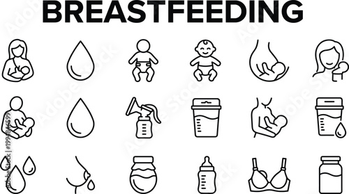 Breastfeeding and maternal care icon set featuring nursing mother, baby feeding, milk storage and infant nutrition symbols