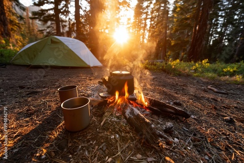 Camping Near a Fire With a Kettle and Cups During Sunset in the Outdoors