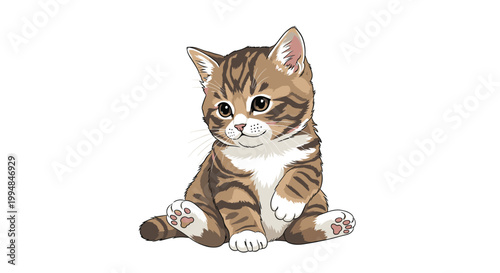 Cute little brown tabby kitten with white paws sitting peacefully on the floor and looking towards the ground with focus.