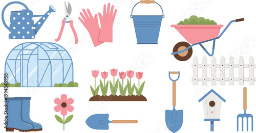Gardening Tools and Spring Garden Elements with Greenhouse, Wheelbarrow, Flowers, and Equipment for Home Garden Design and Vector Illustration Collection.