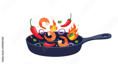 Sizzling hot pan with fresh shrimp red chili peppers onions and herbs being cooked over high bright orange and yellow flames.