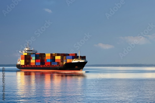 Cargo Ship Travels Through Calm Waters Near a Port in the Afternoon Sun With ...