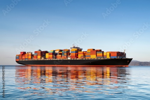 Cargo Ship Travels Through Calm Waters Near a Port in the Afternoon Sun With ...