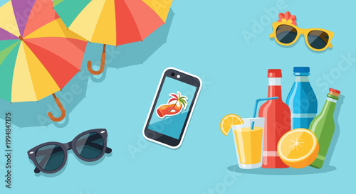 Summer vacation icons with umbrella, sunglasses, smartphone, drinks and fruit