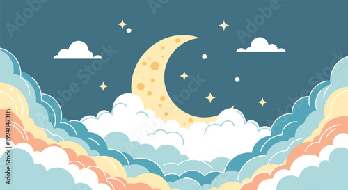 Beautiful night sky illustration featuring a large yellow crescent moon surrounded by fluffy pastel colored clouds and glowing stars.