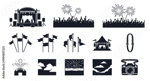 Εκτύπωση καμβά Festival scene with fireworks stage and crowd in a flat design silhouette