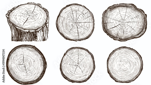 Six monochrome illustrations of tree stumps showing cross-sections and one upright, with concentric rings