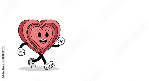 Happy cartoon heart mascot with big eyes and a wide smile walking actively and waving his hands on a plain white background.