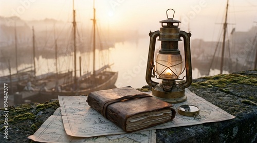 vintage lantern, journal, compass, maps on stone wall against foggy harbor with sailing ships at sunrise. maritime exploration concept. banner, website header, poster with copyspace.