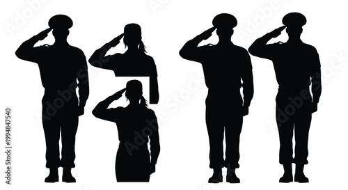 Saluting military personnel in a row black and white illustration silhouette