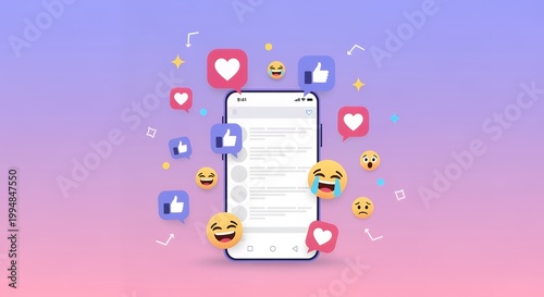 Smartphone displaying social media feed with floating heart, like, and emoji gradient background