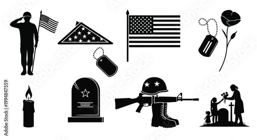 Memorial day symbols including flags tombstone and soldier a black silhouette