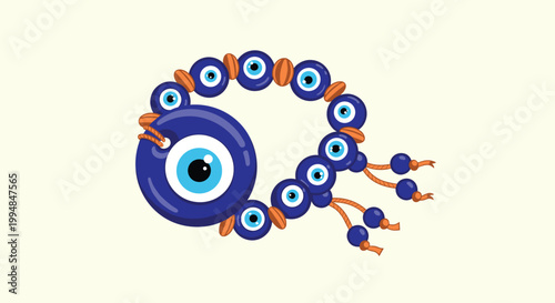 Traditional protection bracelet featuring several blue evil eye beads and small brown beads with orange tassel decorations.