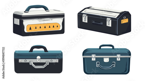 Four stylized toolboxes in different color schemes, presented against a stark white background