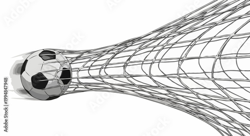 A soccer ball racing into the goal net, the moment of scoring a goal