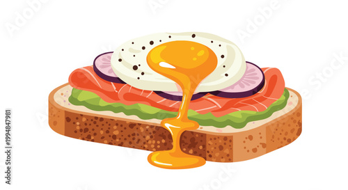 Healthy breakfast avocado toast served with fresh smoked salmon purple radish rounds and a perfectly cooked poached egg on top.