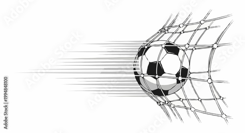 A fast football, speeding towards the goal net. Capture the excitement and action of the beautiful game