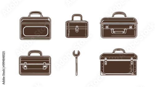 Stylized line art illustration featuring toolboxes of various designs with a single wrench