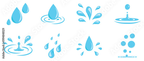 water drop and splash icon set, blue water splash. Douche. Splash of clear blue water. set of blue drops, raindrops, splash. Vector illustration.