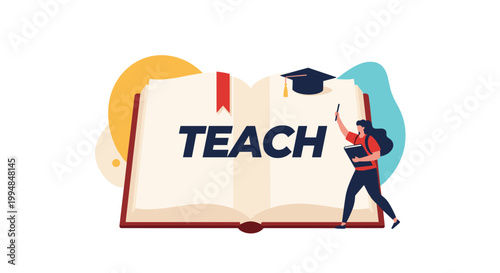 Professional teacher or educator stands next to a large open book with the word teach written on its pages to promote learning.