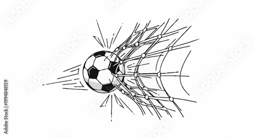 A soccer ball scoring a goal in a fast, graphic way