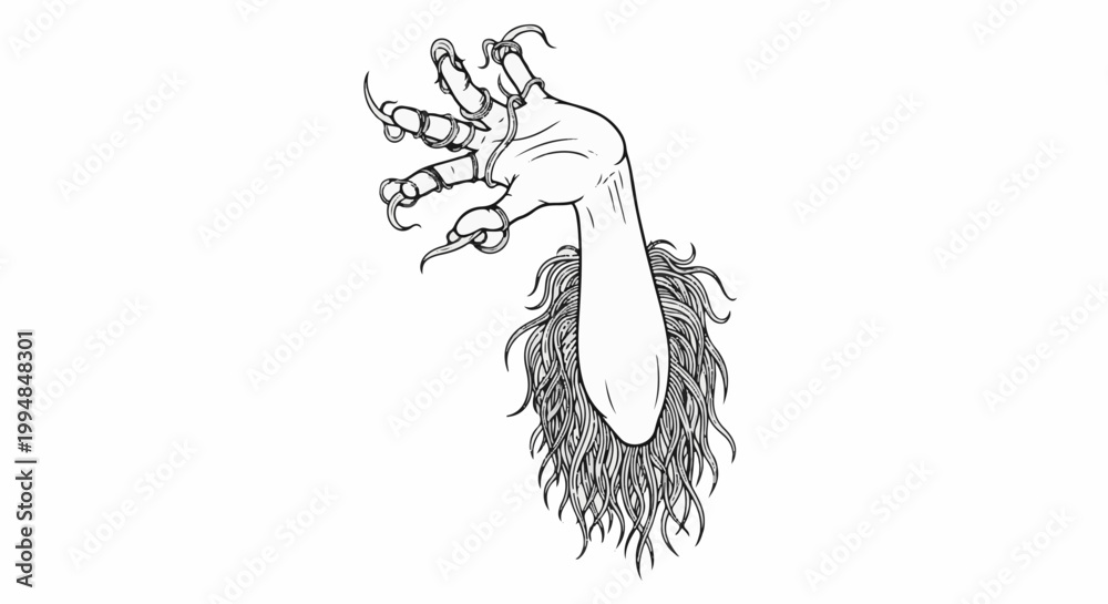 Fototapeta premium A drawing of a hairy arm with sharp, claw-like fingernails and rings