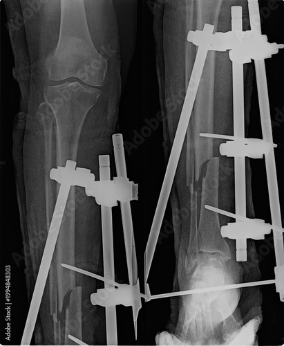 Foto Lateral X-ray of a human knee joint featuring an external fixation device for co