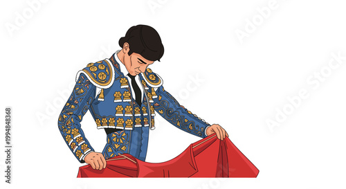 Traditional spanish matador dressed in a blue suit of lights looks down while holding a red muleta cape during a formal event.